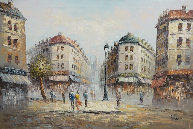 Burnett, Impressionist street scene with figures, signed, oil on canvas, unframed, 61 x 91cm